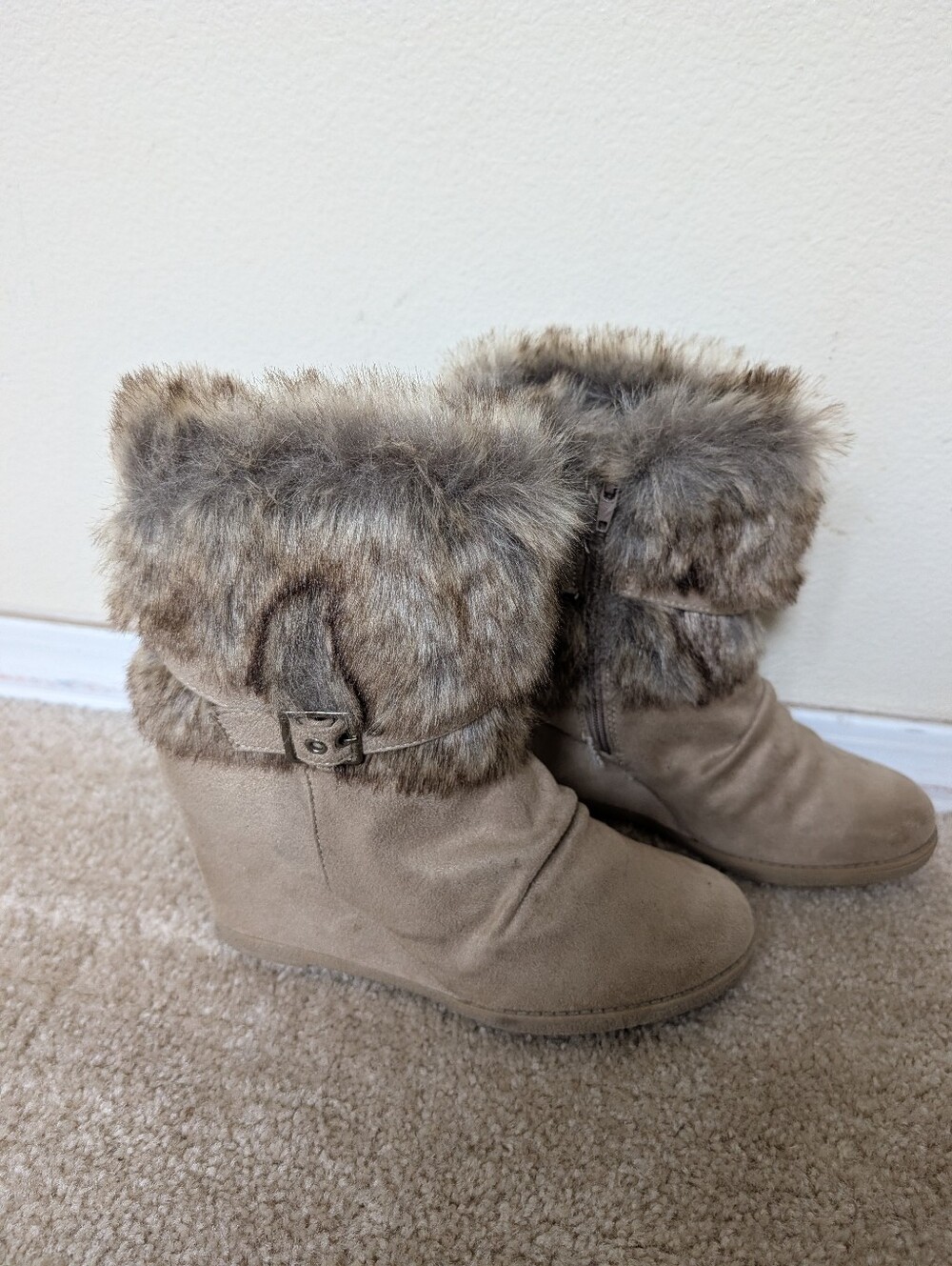 Faux Fur Trim Wedge Ankle Boots - Taupe
